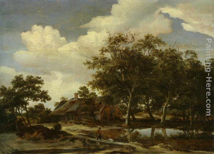 A wooded landscape with a figure crossing a bridge over a stream painting - Meindert Hobbema A wooded landscape with a figure crossing a bridge over a stream art painting